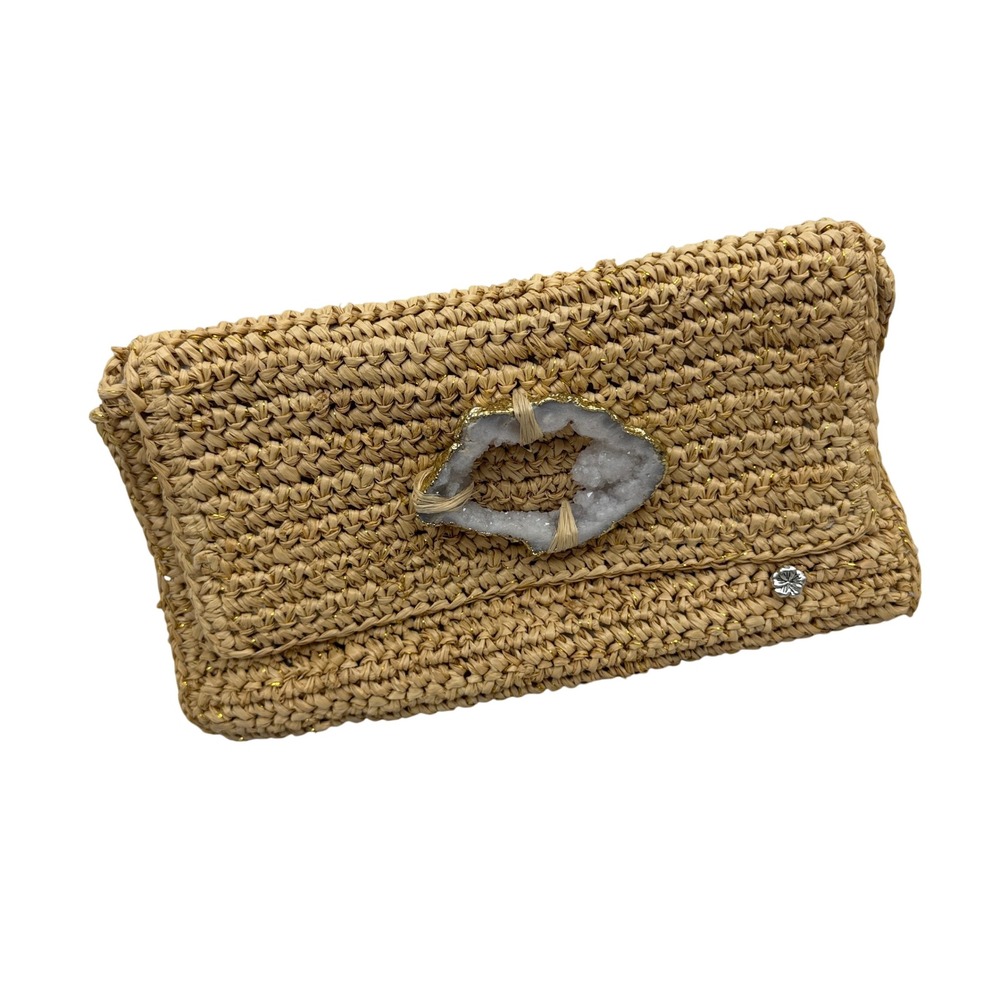 Flora Bella Clutch Womens OS Tan Raffia Gold Metallic Geode Stone Woven Bag